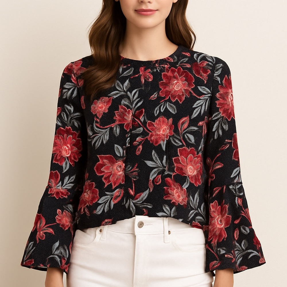 LOFT Black Red Floral Long Sleeve Blouse Size L